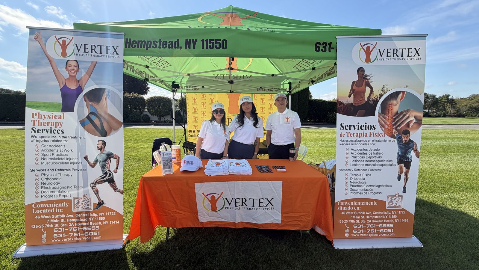 Event setup: tent, roll-up banners, tablecloth, shirts and hats for a physical therapy practice